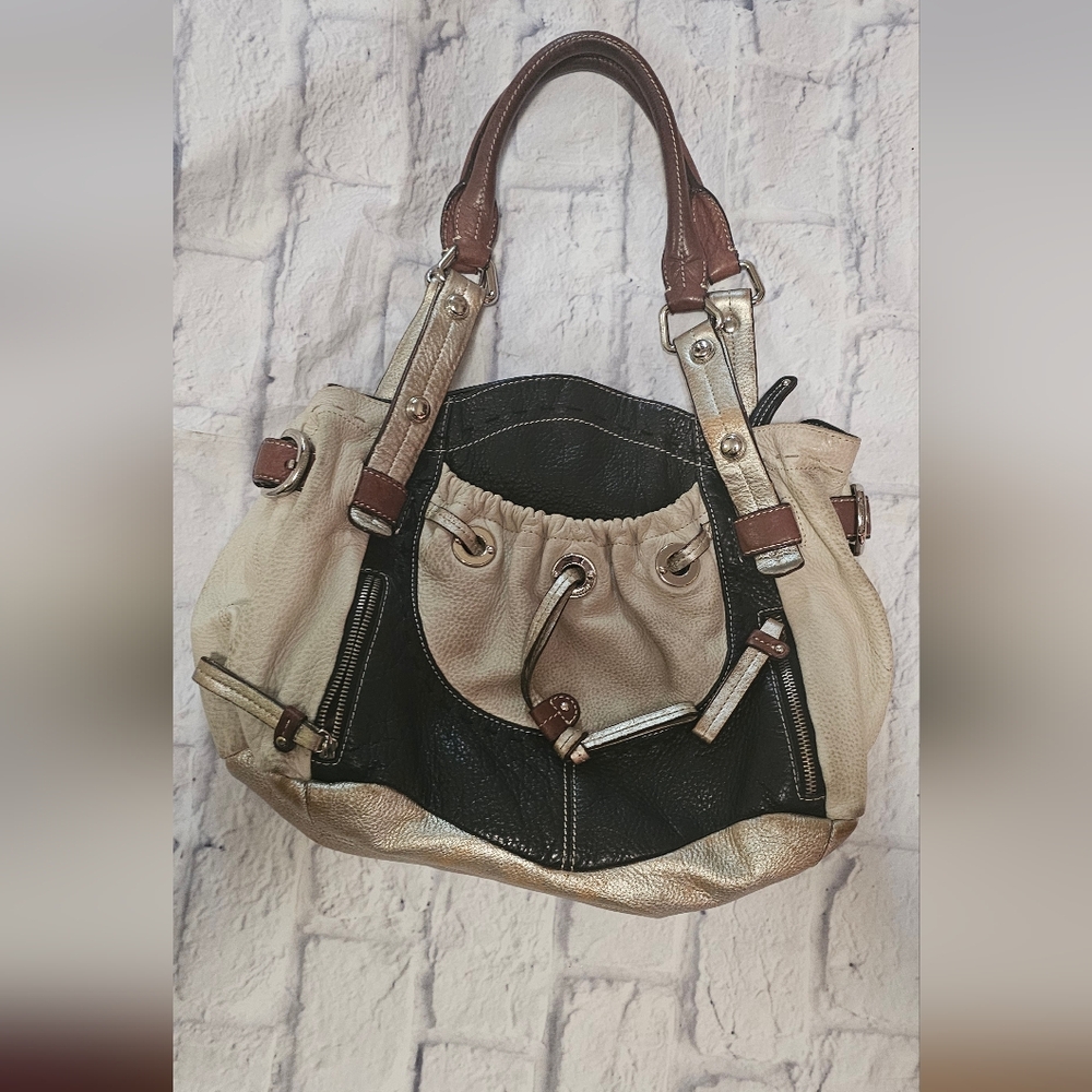 B Machowsky Shoulder Satchel Bag Cream Colorblock